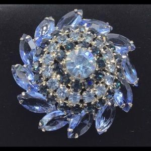 Blue Rhinestone Flower Silver Brooch Pin Stunning Vintage Marquis Round Layered